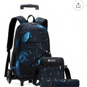Galaxy Print Rolling Backpack Set - Black and Blue